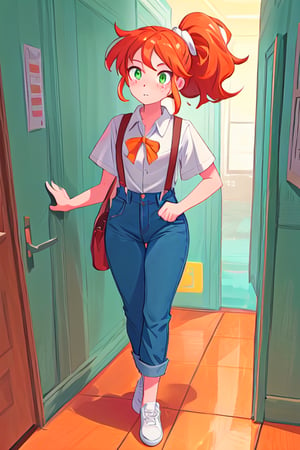 masterpiece, 4k, best quality, perfect composition, sharp focus, hyper detailed, perfect face, 
A highschool woman, long red orange hair with ponytail, cyan green eyes, lightly freckled face, suspenders, denim_pants, colorful shirt, walking down a highschool hallway, tall