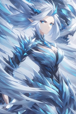 Wild mature female anthropomorphic dragon, covered in scales,  blue dragon scales, lightning themed, blue electric dragon, wearing extremely fancy armor, only singular horn from the middle of her forehead, fierce, serious,  short wild white hair
