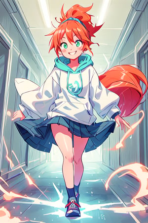 masterpiece, 4k, best quality, perfect composition, sharp focus, hyper detailed, perfect face, 
A highschool senior woman, young adult, long red orange hair with ponytail, cyan green eyes, lightly freckled face, oversized_clothes, large hoodie, smiling, walking down a highschool hallway, tall,excessive energy