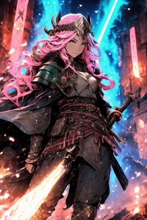 A woman dressed as a fierce Norse warrior, hand axes, helmet, fur cloak, long braided light pink hair, green eyes, pointed ears, fierce, battle ready
