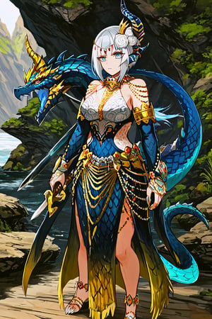 score_9, score_8_up, score_7_up, solo, source_monstsr hunter , female, dragon, (blue scales), human face, center horn from forehead, thick eyelashes, serious, holding a sword, perfect eyes, white hair, wild short hair, light blue eyes, light leather armor, human face, blue horns, ({dragon aestetics,digitigrade legs, dragon feet}), full body, standing, striking thunder, coursing energy, striking lightning, standing at a beach,anime style,source_furry, {{wielding a massive great sword resting on shoulder}}, dragon tail,ex kulve taroth beta armor,single horn hair ornament