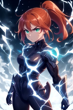 front view, (score 9, score 8 up, score_7_up, source anime, dark, serious
young vigilante woman, glowing cyan green eyes. fierce, ready to fight, lean muscular build, long red orange hair, ponytail, young hero, makeshift equipment ragtag, 

(masterpiece), best quality, expressive eyes, perfect face,