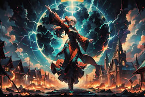 (a woman with a cyan green eyes and long red orange hair in a ponytail,  lightning halo, painted in flames, a silver forked sky, standing against the planet's last dance, hovering in the air, arms outstretched) Art-Deco-inspired landscape, ((mesmerizing)) shell at her feet, dynamic composition, rule of thirds, ((twilight)) ambiance, (ultra-detailed),, best quality, high resolution, atmospheric, ((sublime)),, painterly,nodf_lora, thundermagic