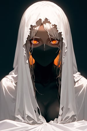 front view,(score 9, score 8 up, score_7_up, source anime, (masterpiece), best quality, expressive eyes, perfect face, (masterpiece), 
Dark bronze skin tone, sheet over her head, eye and mouth cutouts, orange eyes, very short stark white hair,
ghostgirl,1girl,solo,halloween,halloween costume,ghost costume,long costume