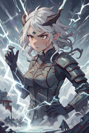 Prompt Wild mature female anthropomorphic dragon, covered in scales, scales, lightning themed, electric dragon, wearing extremely fancy armor, only singular horn from the middle of her forehead, fierce, serious, short wild white hair