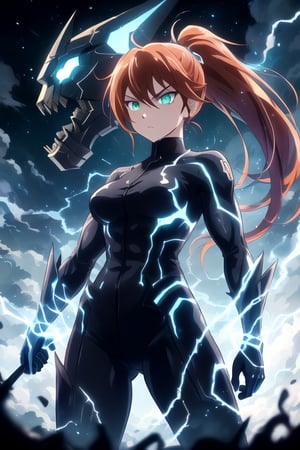 front view, (score 9, score 8 up, score_7_up, source anime, dark, serious
young vigilante woman, glowing cyan green eyes. fierce, ready to fight, lean muscular build, long red orange hair, ponytail, young hero, makeshift equipment ragtag, 

(masterpiece), best quality, expressive eyes, perfect face,