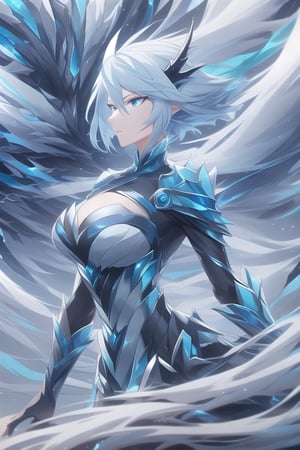 Wild mature female anthropomorphic dragon, covered in scales,  blue dragon scales, tempest themed, wind dragon, surrounded in a vortex, wearing extremely fancy dress, dragon horns fierce, serious,  short wild white hair, tempestmagic
