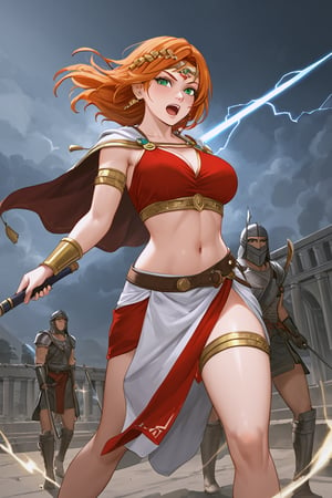 masterpiece, 4k, best quality, perfect composition, sharp focus, hyper detailed, perfect face, a Greek woman warrior, Scion of Zeus, warrior of lightning, fierce and unyielding, long red orange hair. cyan green eyes, roaring tempest in the background, thigh up image