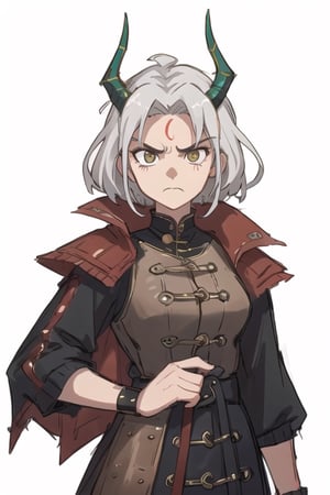 Wild mature female anthropomorphic dragon, covered in scales, scales, lightning themed, electric dragon, wearing extremely fancy armor, only singular horn from the middle of her forehead, fierce, serious, short wild white hair