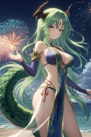 front view, (score 9, score 8 up, score_7_up, source anime,) sfw, {{ 1girl}},on the beach at night, standing on the beach, fireworks, in a fancy dress, woman with dragon features, singular dragon horn from middle of forehead, dragon tails, some dragon scales, dragon wings (masterpiece), best quality, expressive eyes, perfect face, acidmagic