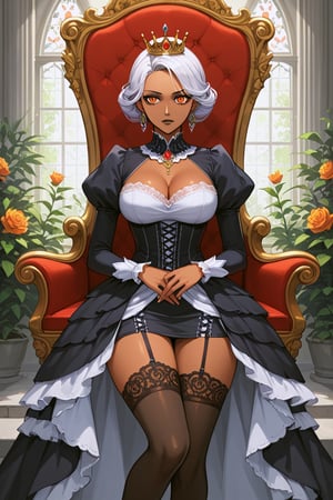 A woman with short stark white hair, orange eyes, dark bronze skin tone, medium chest size, dressed in beautiful gothic queen dress, black lace, black lips stick, ornate ear rings, crown, Gothic queen, standing in a beautiful garden, lacy thigh high stockings, stoic expression, sitting in a fancy throne room,

Keywords:Front view, (score 9, score 8 up, score_7_up, source anime, (masterpiece), best quality, expressive eyes, perfect face, thigh up image, sfw,