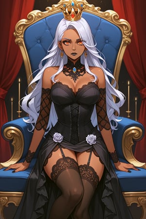 A woman with short stark white hair, orange eyes, dark bronze skin tone, medium chest size, dressed in beautiful gothic queen dress, black lace, black lips stick, ornate ear rings, crown, Gothic queen, lacy thigh high stockings, stoic expression, sitting in a fancy throne room,

Keywords:Front view, (score 9, score 8 up, score_7_up, source anime, (masterpiece), best quality, expressive eyes, perfect face, thigh up image, sfw,