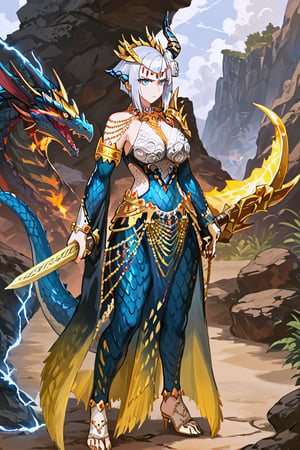 score_9, score_8_up, score_7_up, solo, source_monstsr hunter , female, dragon, (blue scales), human face, center horn from forehead, thick eyelashes, serious, holding a sword, perfect eyes, white hair, wild short hair, light blue eyes, light leather armor, human face, blue horns, ({dragon aestetics,digitigrade legs, dragon feet}), full body, standing, striking thunder, coursing energy, striking lightning, standing at a beach,anime style,source_furry, {{wielding a massive great sword resting on shoulder}}, dragon tail,ex kulve taroth beta armor,single horn hair ornament