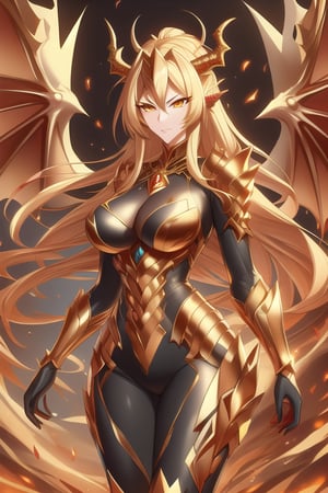 Masterpiece, sharp focus, perfect composition, hyper detailed, correct anatomy, Wild mature female anthropomorphic dragon, covered in scales, dragon scales, golden themed, dragon wings and tail, dragon, wearing extremely fancy armor, only singular horn from the middle of her forehead, fierce, serious, medium chest size, standing in a vault of gold,midasmagic