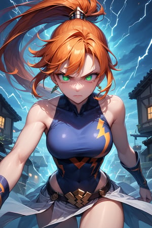 Front view, (score 9, score 8 up, score_7_up, source anime, (masterpiece), best quality, expressive eyes, perfect face, (masterpiece), best quality, expressive eyes, perfect face, at night, An adult woman, standing, eerily intense, if looks could kill, lightning arcing from her, powerful, on a roof top, long red orange hair in a ponytail, nighttime, electricity aura, tears, cyan green eyes glowing, taking an action stance, ready to fight