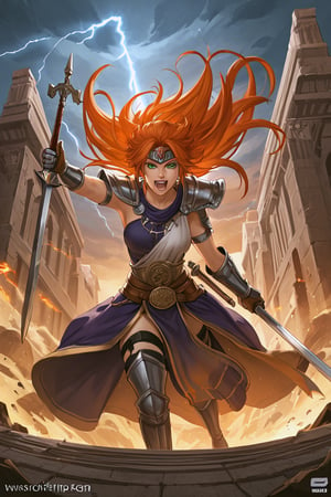 masterpiece, 4k, best quality, perfect composition, sharp focus, hyper detailed, perfect face, a Greek woman warrior, Scion of Zeus, warrior of lightning, fierce and unyielding, long red orange hair. cyan green eyes, roaring tempest in the background