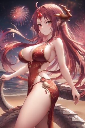 front view, (score 9, score 8 up, score_7_up, source anime,) sfw, {{ 1girl}},on the beach at night, standing on the beach, fireworks, in a fancy dress, woman with dragon features, singular dragon horn from middle of forehead, dragon tails, some dragon scales, dragon wings (masterpiece), best quality, expressive eyes, perfect face, explosionmagic