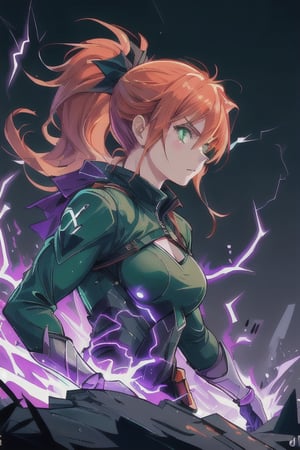 front view, (score 9, score 8 up, score_7_up, source anime, dark, serious
young vigilante woman, glowing cyan green eyes. fierce, ready to fight, lean muscular build, long red orange hair, ponytail, young hero, makeshift equipment ragtag, 

(masterpiece), best quality, expressive eyes, perfect face,purple lightning,bwlightning