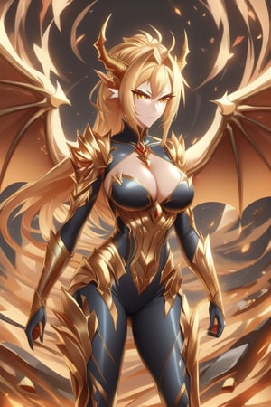 Masterpiece, sharp focus, perfect composition, hyper detailed, correct anatomy, Wild mature female anthropomorphic dragon, covered in scales, dragon scales, golden themed, dragon wings and tail, dragon, wearing extremely fancy armor, only singular horn from the middle of her forehead, fierce, serious, medium chest size, standing in a vault of gold,midasmagic