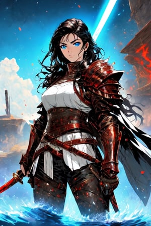 a greecian female warrior, covered with armor and bloodshed, fierce, warrior of war. Ares's bloodlust. short black hair, blue eyes