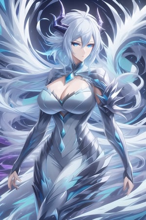 Wild mature female anthropomorphic dragon, covered in scales,  blue dragon scales, tempest themed, wind dragon, surrounded in a vortex, wearing extremely fancy dress, dragon horns fierce, serious,  short wild white hair, tempestmagic
