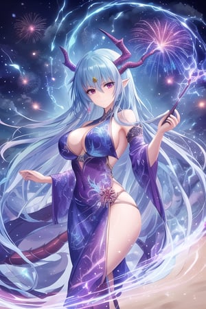 front view, (score 9, score 8 up, score_7_up, source anime,) sfw, {{ 1girl}},on the beach at night, standing on the beach, fireworks, in a fancy dress, woman with dragon features, singular dragon horn from middle of forehead, dragon tails, some blue dragon scales, dragon wings (masterpiece), best quality, expressive eyes, perfect face, thundermagic 