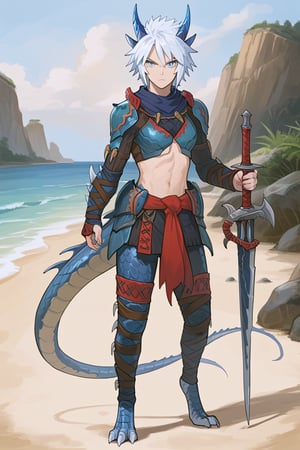 score_9, score_8_up, score_7_up, solo, source_monstsr hunter , female, dragon, (blue scales), human face, center horn from forehead, thick eyelashes, serious, holding a sword, perfect eyes, white hair, wild short hair, light blue eyes, human face, blue horns, ({dragon aestetics,digitigrade legs, dragon feet}), full body, standing, standing at a beach,anime style,source_furry, {{wielding a massive great sword resting on shoulder}}, dragon tail,