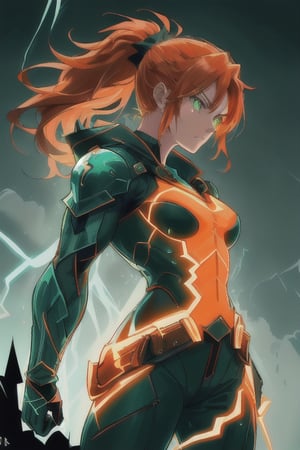 front view, (score 9, score 8 up, score_7_up, source anime, dark, serious
young vigilante woman, glowing cyan green eyes. fierce, ready to fight, lean muscular build, long red orange hair, ponytail, young hero, makeshift equipment ragtag, 

(masterpiece), best quality, expressive eyes, perfect face,bwlightning