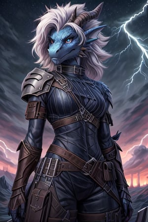 Wild mature female anthropomorphic dragon, covered in blue scales, scales, lightning themed, electric dragon, wearing extremely fancy armor, only singular horn from the middle of her forehead, fierce, serious, short wild white hair, wielding a massive greatsword
