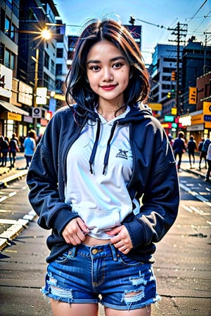 1girl, 16k, high_resolution, best quality, indonesian, 24 years old, standing in a street at midnight, busy street background, facing front, ((smile)), extremely_seductive_black_eyes, 18+, perfect, (from front), (fullbody shot), dynamic_pose, looking_at_camera, front, masterpiece, wearing (oversized hoodie, distressed jeans and sneaker), perfect_hand, perfect_fingers, ombre lips, ,Casual,Realistic,Indonesiadoll