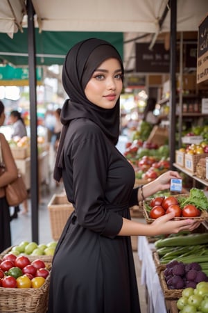 Create an ultra-realistic 16k image of a a beautiful indonesian girl, 24 years old, long black hair, no make up, symmetric blue eyes, (perfect fingers), natural_breast.
Shopping at a traditional market. The scene is vibrant and bustling, filled with a rich array of colors, textures, and details that capture the lively atmosphere of the market.
The woman, dressed in a (casual hijab and abaya) that reflects her personality and the culture, moves through the market with a sense of purpose and curiosity. She holds a woven shopping bag, already filled with fresh produce and local goods.
The market stalls around her are laden with an abundance of fresh fruits, vegetables, spices, and other local delicacies. Vendors interact with customers, some calling out their wares, while others engage in friendly banter. The woman pauses at a stall, examining a selection of ripe tomatoes or fragrant herbs, her face illuminated with interest and a hint of a smile.
The background is filled with the vibrant colors of the market—brightly colored umbrellas shading the stalls, a mix of traditional fabrics, and the earthy tones of the market's surroundings. The sunlight filters through the canopy, casting dynamic shadows and highlights, adding depth and realism to the scene.
Details such as the textures of the fresh produce, the intricate patterns of traditional garments, and the lively expressions of the vendors and shoppers contribute to the ultra-realistic quality of the image. The overall atmosphere is one of community and tradition, showcasing the daily life and culture of the market.
This image celebrates the everyday beauty and rich cultural tapestry of a traditional market, capturing the essence of a young woman engaging in this timeless and vibrant setting.
Ultra-realistic, 16k, high_resolution, best quality, perfect, (from front view), knee shot, masterpiece,