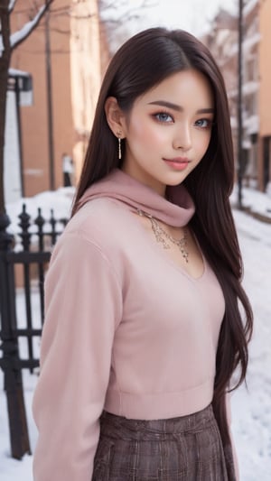 Beautiful and delicate light, (beautiful and delicate eyes), pale skin, big smile, (brown eyes), (black long hair), dreamy, medium chest, woman 1, (front shot), japen girl, bangs, soft expression, height 170, elegance, bright smile, 8k art photo, realistic concept art, realistic, portrait, necklace, small earrings, handbag, fantasy, jewelry, shyness, skirt, winter down parka, scarf, snowy street, footprints,Future girl, kama-yi, (kama-yi),Blueeyes