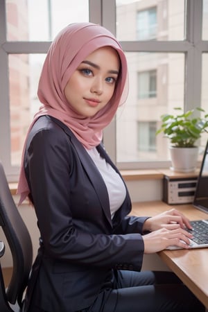 a beautiful indonesian girl, 24 years old, ombre_lips, (symmetric blue eyes), (perfect fingers), natural_breast, wearing (hijab, blazer, shirt, and long pants), big smiles, She is typing on her computer screen, The office environment is clean and organized, with contemporary furnishings and decor, Natural light streams in through large windows, creating a bright and productive atmosphere, 16k, high_resolution, best quality, perfect, (from side view), knee shot, masterpiece, dynamic_pose, blueeyes