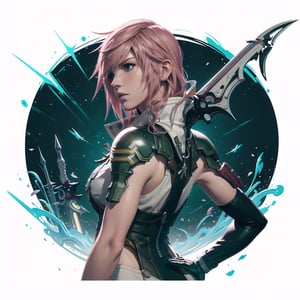 lightning farron, 8k, high quality, high resolution, square enix, final fantasy XIII, sword in hand, whole body, white background, Strong Backlit Particles,Grt2c