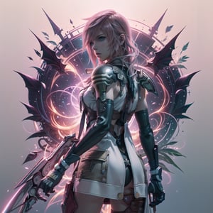lightning farron, square enix, final fantasy XIII, sword in hand, whole body, white background, Strong Backlit Particles,Grt2c