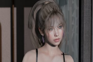 1girl, solo, looking at viewer, blue eyes, blonde hair, ribbon, jewelry, closed mouth, hair ribbon, upper body, ponytail, earrings, mole, lips, piercing, reflection, (realistic skins),8K, Best Quality, Masterpiece, Ultra High Resolution, (Realism: 1.1), Original Photo, (Real Skin Texture: 1.2), (Film Grain: 1.3), (Selfie Angle), Delicate Facial Details,  Best Quality, Close Up, Upper Body, Looking straight Slightly, solo female, looking at viewer, dark room, shadows, indoors, 