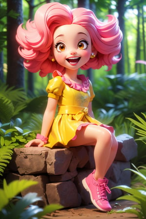 (cartoon,  young girl,  forest,  3d rendering),  (best quality,  4k,  8k,  highres,  masterpiece:1.2),  ultra-detailed,  (realistic,  photorealistic,  photo-realistic:1.37),  vivid colors,  vibrant atmosphere,  joyful expression,  yellow gown, pink hair, pink shoes, brown eyes, happy_face