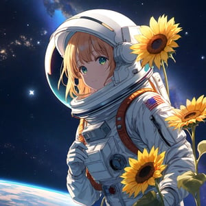 (masterpiece), full body photoshot, best quality,ultra_detailed,highres,absurdres:1.2), an anime girl astronaut,  colourful, she holding sunflower, starry sky, lens_flare, cosmic theme, saturn in the background,
