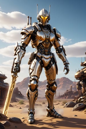 Masterpiece, Create a full body length of a warrior. In a desert.  Holding the big sword, Front view. Mechanical Armor. White armor. Firefly from: Star Rail. Extremely Realistic, Hyper Detailed, High quality, Cinematic Lighting Photography, nvidia rtx, super-resolution, unreal 5, subsurface scattering, pbr texturing, 32k UHD, Photorealistic, Hyperrealistic, Detailed, Octane, iso300.