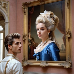 (photorealistic),  (masterpiece:1.5),  beautiful lighting,  best quality,  realistic,  real image,  intricate details, (Envision a handsome young man, Lorenzo Zurzolo, admiring a vast portrait of Marie Antoinette in a deserted Parisian museum. Capture this scene with a touch of elegance and detail it in the style of realism), 4k ultra hd ,Extremely Realistic,aesthetic portrait 