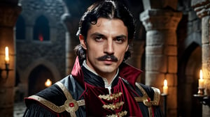 half body shot, regal vampire ((33 years old)) with black hair, curled mustache and roman nose, noble clothes, beautiful demeanor and appearance, handsome, dark atmosphere, dungeon background medieval, photograph, realistic, high details, photo-realism, photo, 4k, hi-res photo-realism, detailed, photo