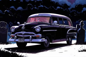 A vibrant comic book-inspired artwork featuring a black 1950's black hearse adorned with skulls, in a creepy graveyard at night, bold color scheme. A dynamic shot captures with ominous storm clouds overhead. Lighting is dark and intense, casting dramatic shadows on the scene. 