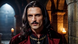 half body shot, regal vampire ((33 years old)) with long black shoulder length hair, curled mustache and roman nose, noble clothes, beautiful demeanor and appearance, handsome, dark atmosphere, dungeon background, medieval, photograph, realistic, high details, photo-realism, photo, 4k, hi-res photo-realism, detailed, photo,Fang