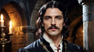 half body shot, regal vampire ((33 years old)) with black shoulder length hair, curled mustache and roman nose, noble clothes, beautiful demeanor and appearance, handsome, dark atmosphere, dungeon background medieval, photograph, realistic, high details, photo-realism, photo, 4k, hi-res photo-realism, detailed, photo