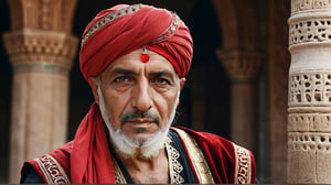 half body shot, middle eastern male with patch over left eye, ((73 years old)) with long grey bear wearing an ornate red turban, roman nose, arabic clothing, medieval, photograph, realistic, high details, photo-realism, photo, 4k, hi-res photo-realism, detailed, photo