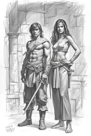 Pencil drawing, graphite hard, sketch, smooth shading, A detailed masterpiece magazine cover by Kentaro Muira, front view, 1 boy, Conan the barbarian/(sword in both hands, bronze skin, black hair, blue eyes, clean shaven, no facial hair)\ standing beside 1 girl,/( Female Physique: Tall, full-bosomed, large-limbed, compact shoulders Hair: Long, tied back with a bandana worn across her brow Facial Expression: Determined, confident Attire:Top: Low-necked, wide-collared, open neck line,close fitting around the torso, silk shirt. Pants: Wide-legged, brown breeches, knee-length Accessories: Wide silken sash at waist worn as a girdle, sword sheath on belt Footwear: Flared-top boots of soft leather, reaching almost to knees Art Style:Type:  Detail Level: Highly detailed, realistic Other Details:Pose: Standing with one leg forward, holding a sword in one hand, intense expression looking at viewer,)\ Aztec interior design ruins background,  (((text in Crom font that reads 'Red Nails' ))),Pencil drawing,FLUX comics style