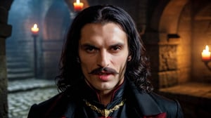 half body shot, regal vampire ((33 years old)) with long black shoulder length hair, curled mustache and roman nose, noble clothes, beautiful demeanor and appearance, handsome, dark atmosphere, dungeon background, medieval, photograph, realistic, high details, photo-realism, photo, 4k, hi-res photo-realism, detailed, photo,Fang