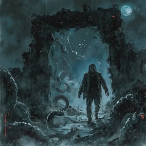 High-contrast photo of a dark black teleportational portal with large tentacles pulling a terrified man into it.  The scene is demonic and evil adding to the eerie and menacing atmosphere. The background features a dark moonlit sky with ominous clouds, with faint light ill
textured, lowres, vintage, grainy, dusty, noisy, horror, dark, scary, beautiful, illustration, backlight, light particles, texture,film grain,blurry,d4rkc0mic 