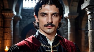 half body shot, regal vampire ((33 years old)) with black hair, curled mustache and roman nose, noble clothes, beautiful demeanor and appearance, handsome, dark atmosphere, dungeon background medieval, photograph, realistic, high details, photo-realism, photo, 4k, hi-res photo-realism, detailed, photo