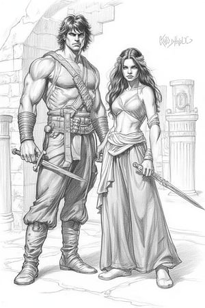 Pencil drawing, graphite hard, sketch, smooth shading, A detailed masterpiece magazine cover by Kentaro Muira, front view, 1 boy, Conan the barbarian/(sword in both hands, bronze skin, black hair, blue eyes, clean shaven, no facial hair)\ standing beside 1 girl,/( Female Physique: Tall, full-bosomed, large-limbed, compact shoulders Hair: Long, tied back with a bandana worn across her brow Facial Expression: Determined, confident Attire:Top: Low-necked, wide-collared, open neck line,close fitting around the torso, silk shirt. Pants: Wide-legged, brown breeches, knee-length Accessories: Wide silken sash at waist worn as a girdle, sword sheath on belt Footwear: Flared-top boots of soft leather, reaching almost to knees Art Style:Type:  Detail Level: Highly detailed, realistic Other Details:Pose: Standing with one leg forward, holding a sword in one hand, intense expression looking at viewer,)\ Aztec interior design ruins background,  (((text in Crom font that reads 'Red Nails' ))),Pencil drawing,FLUX comics style